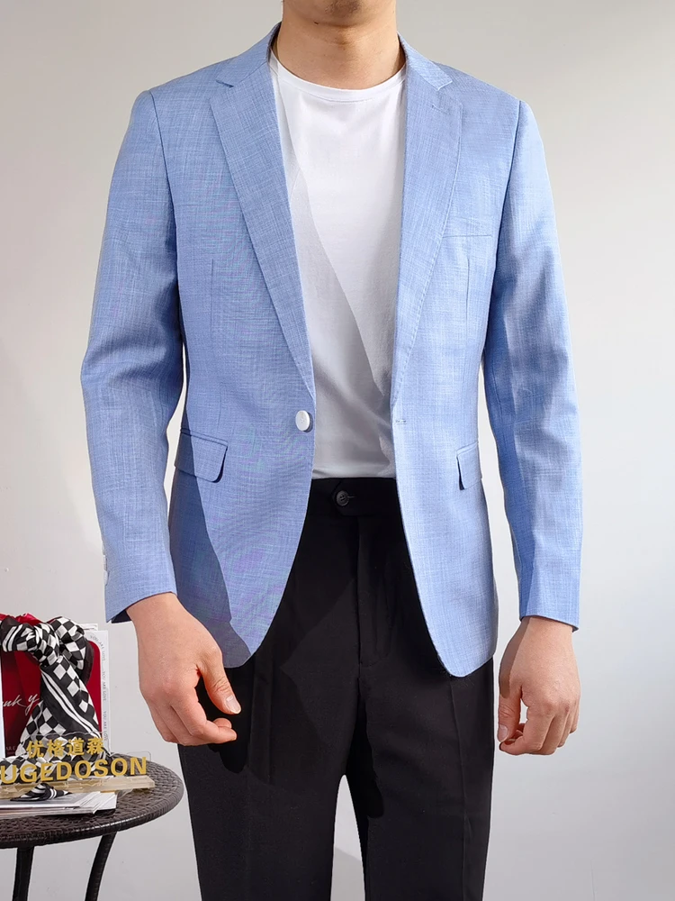 Fashion New Men Summer Sky Blue Thin Blazer Jacket Single Breasted Slim Fit Breathable Business Work Casual Blazer Suit Coat