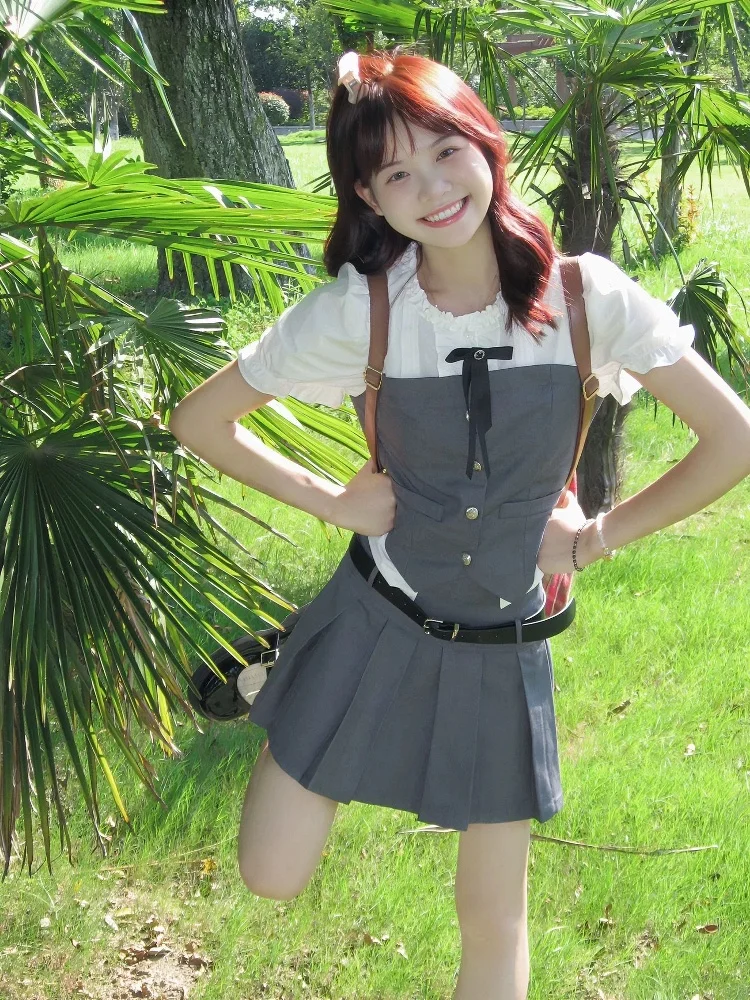 

Комплект с плиссированной юбкой для женщин: летний, корейский стиль, для молодых женщин 8-25 лет, состоящий из двух предметов