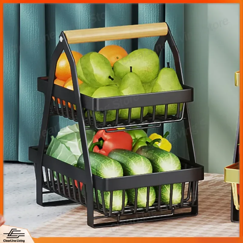 Wrought Iron Snack Basket Condiment Organizer Vegetable Fruit Storage Basket Kitchen Countertop Shelf Double Layer Portable