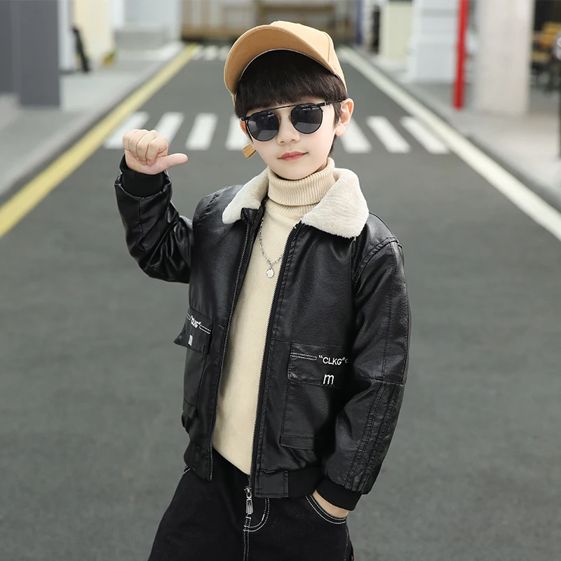 سترة جلدية وسيم للأطفال للخريف والشتاء سميكة ودافئة وبسيطة وعالية الجودة؛ 4-14 سنة #4