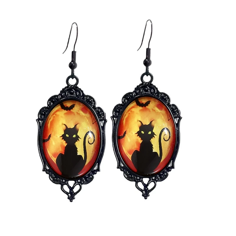 Gothic Schwarze Katze Kürbis Fledermaus Geist Baumeln Ohrringe Punk Oval Glas Halloween Ohrringe Schmuck Geschenke