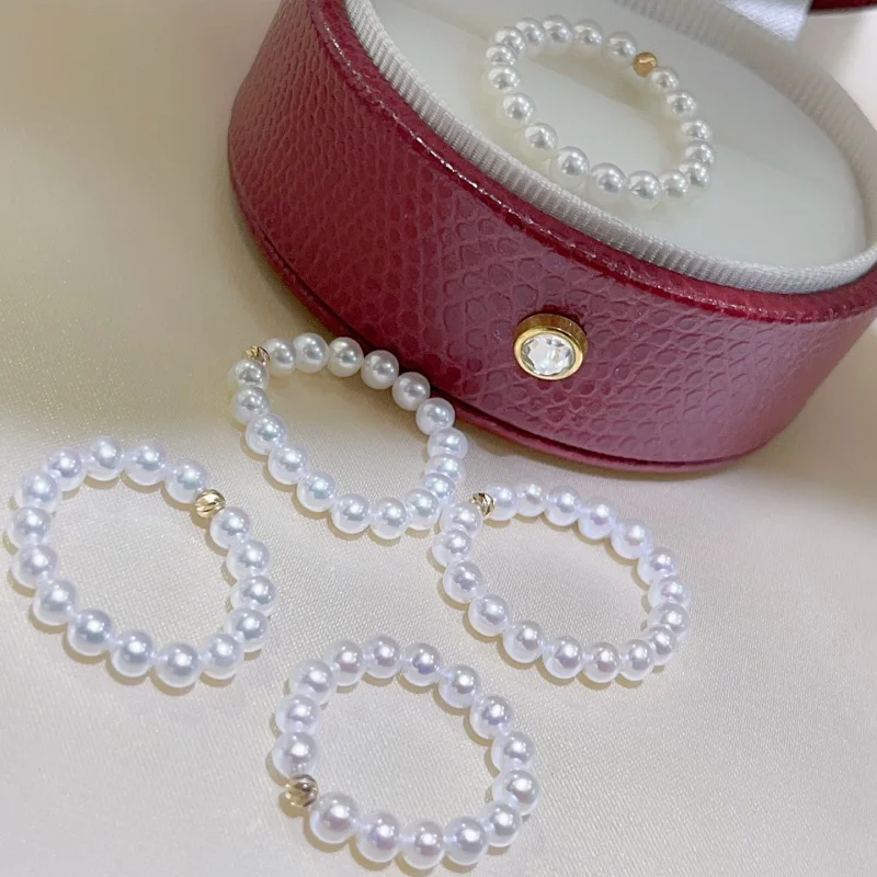 

SGARIT New Arrival White 3-4mm Natural Freshwater Pearl Rings 18k gold beans For Women Girl Birthday Gift