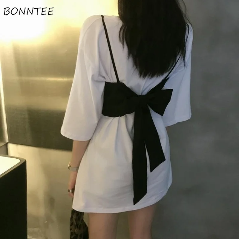 Fashion Dress Sets Women Camis Bow Half Sleeve Simple Mini Solid Sexy Cozy Two Pieces Summer Casual Student Female Street Cool