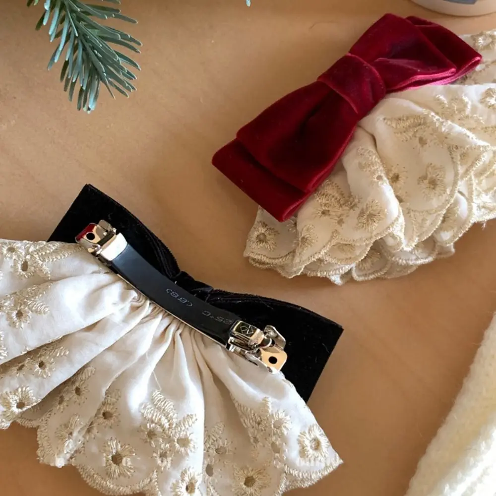 Cloth Red Velvet Bow Hair Clip Hair Clips Vintage Style Bowknot Spring Clip Korean Style Wine Red Lace Bow Hairpin Girls