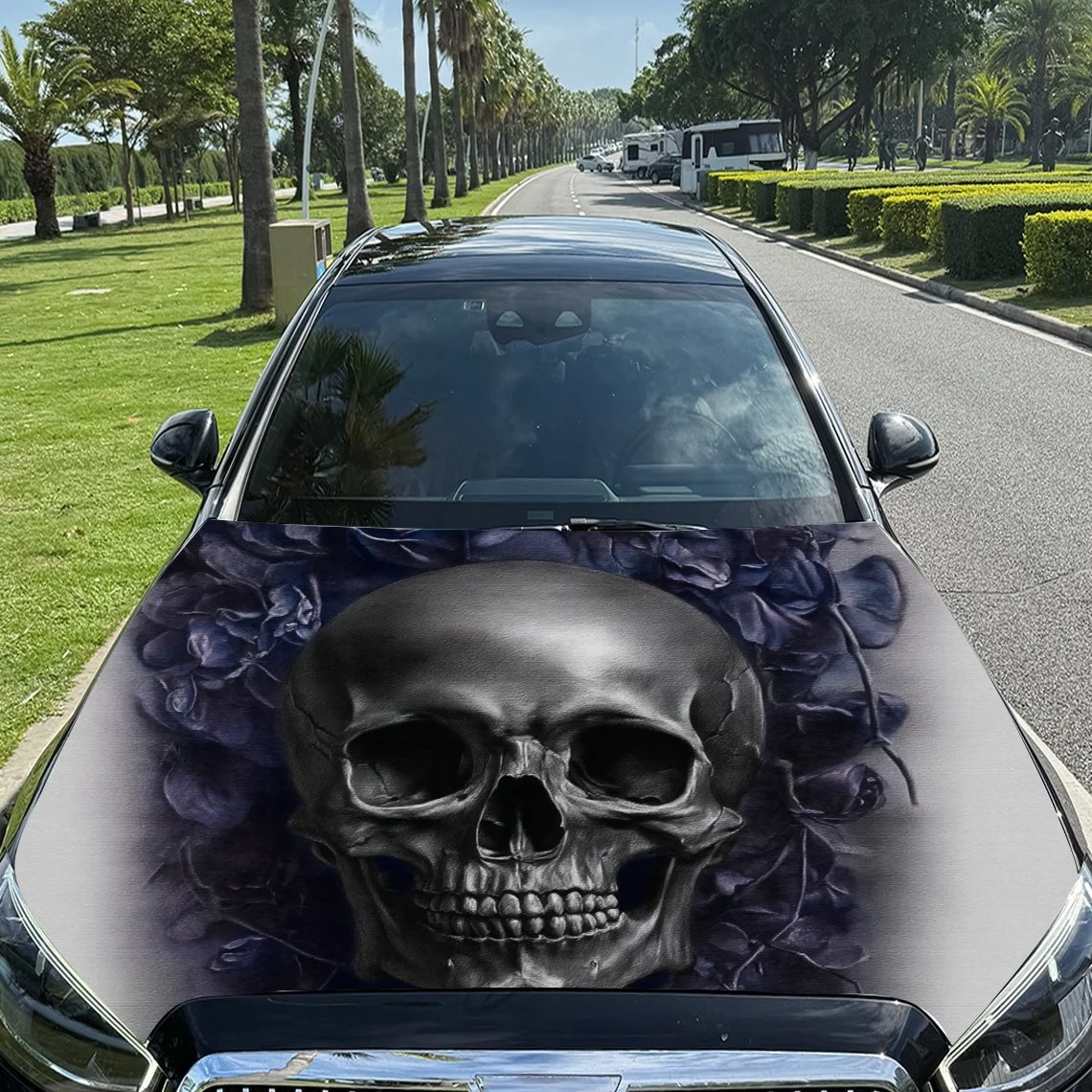 

Skull design with dark roses on car hood, perfect for gothic enthusiasts. Unique and eye-catching!