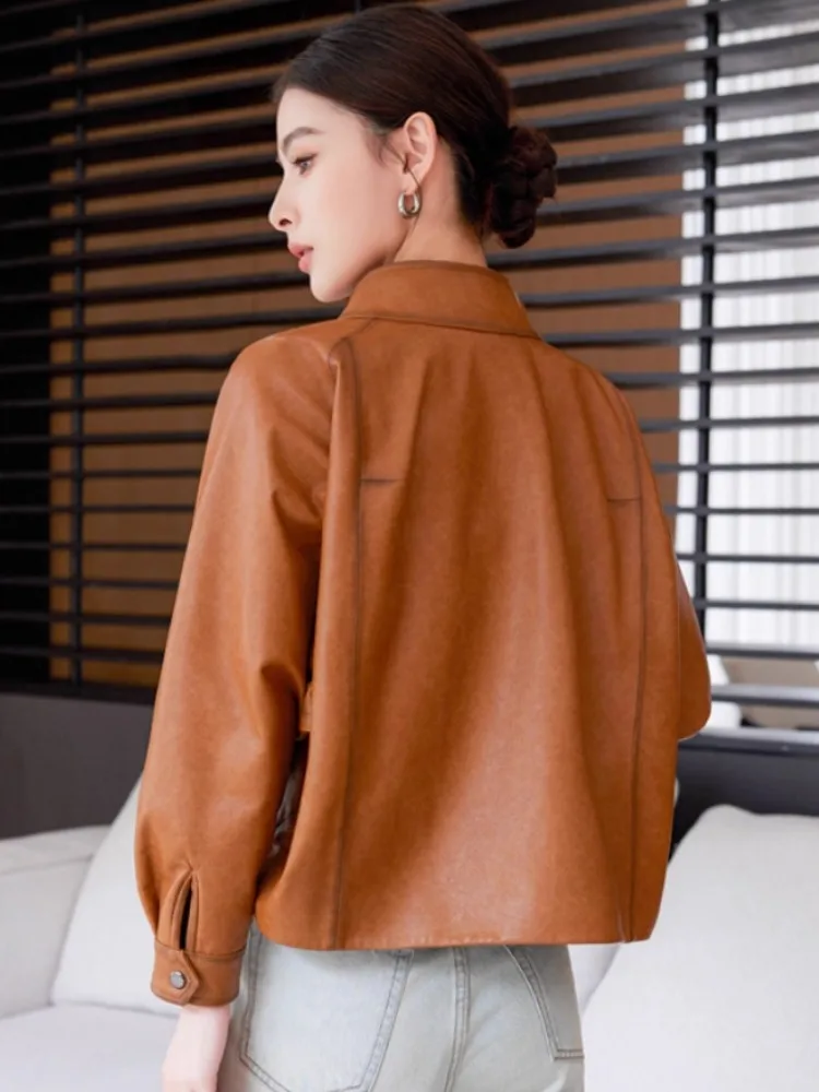 Women Natural Sheepskin Stand Collar Short Jacket Single Breasted Brown Batwing Sleeve Genuine Leather Coat Motorcycle Jackets