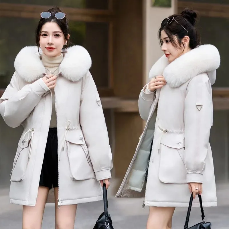 Women's Detachable Parker 2024 Winter New Plush Thicken Hooded Coat Female Oversized Warm Cotton Jacket Long Casual Overcoat