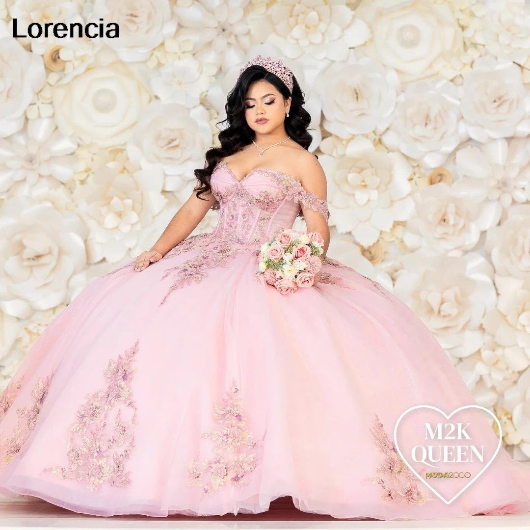 

Lorencia Mexican Pink Quinceanera Dress Ball Gown Shiny Applique Beading Corset Party Girls Sweet 16 Vestidos De 15 Años YQD897