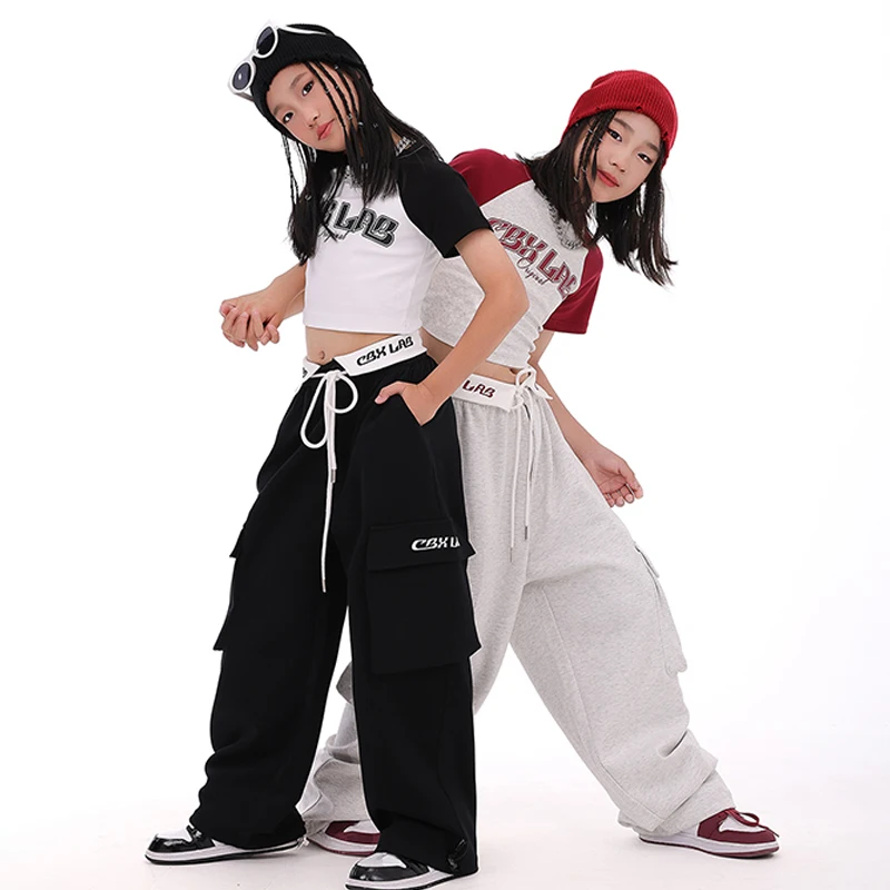 2023 Hip Hop Dance Costumes For Kids Short Crop Tops Cargo Pants Streetwear Girls Jazz Dance Performance Show Clothes DQS13314