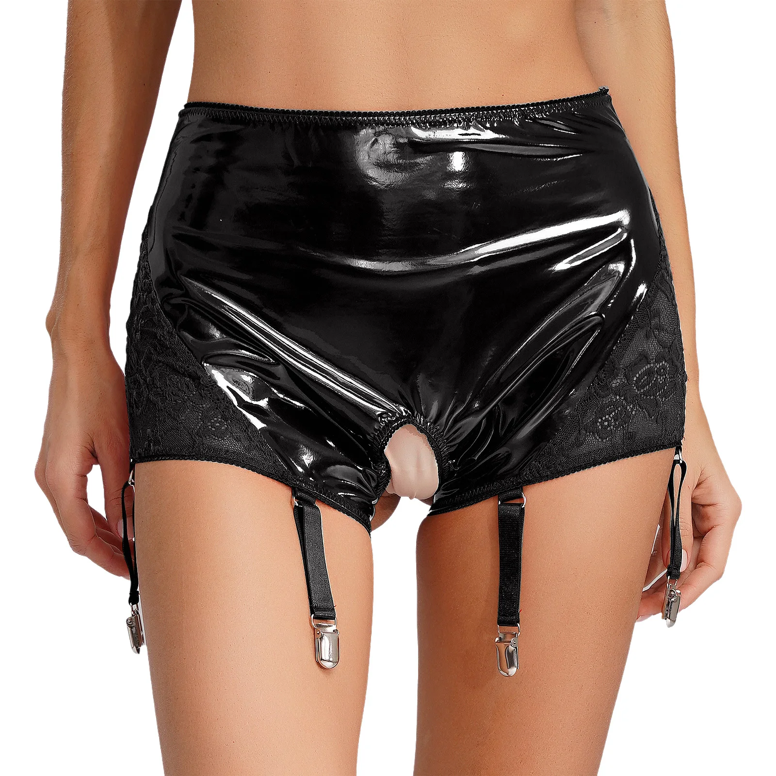 

Sexy Women Open Butt Open Crotch Sexy Underwear with Six Garter Clips Lingerie Hot Briefs Panties PU Leather Booty Shorts