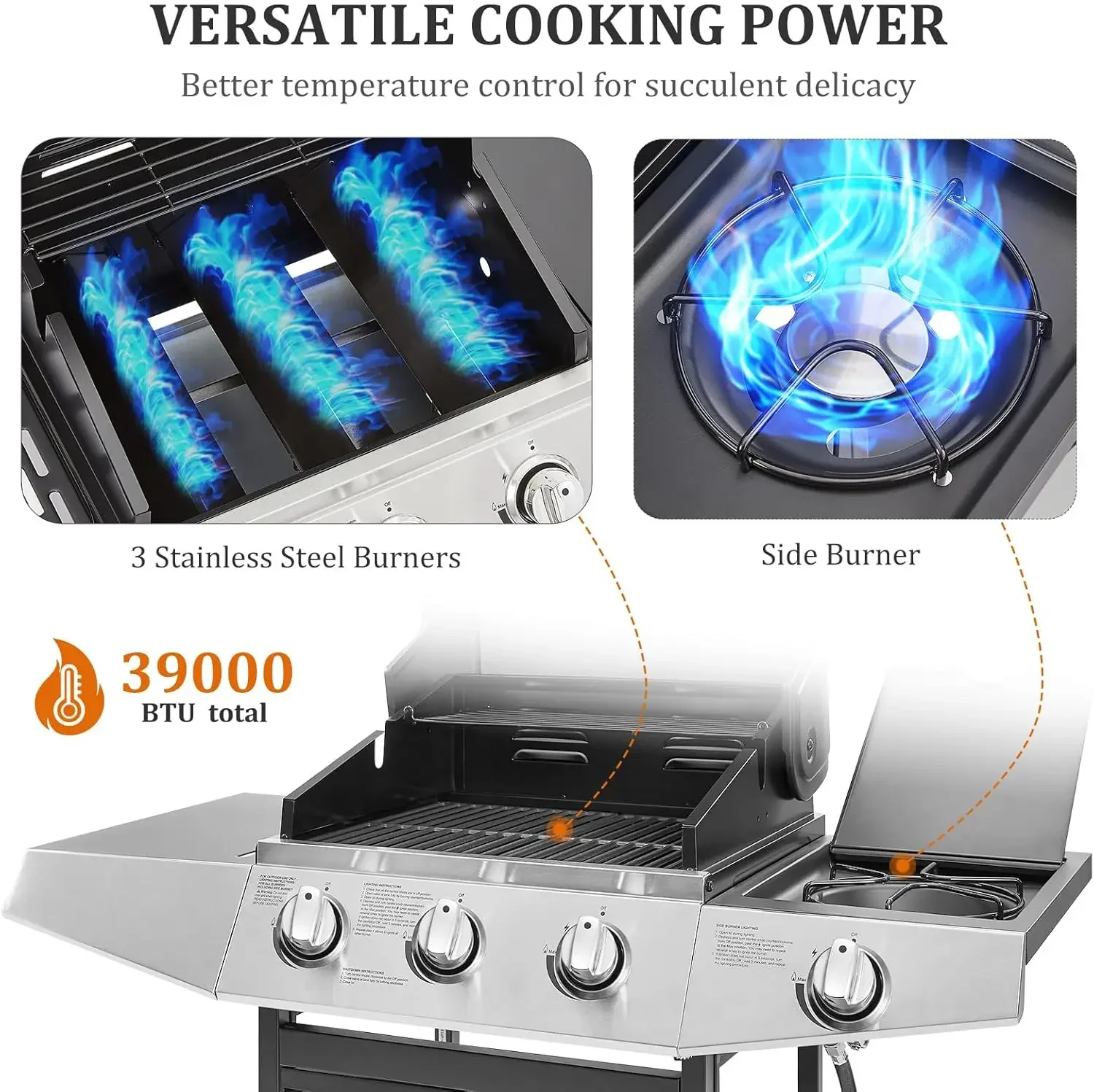 شواية شواء بغاز البروبان ذات 3 شعلات مع موقد جانبي وشبكات من الحديد الزهر المطلي بالخزف ومقياس حرارة مدمج، بقدرة 39000 وحدة حرارية بريطانية