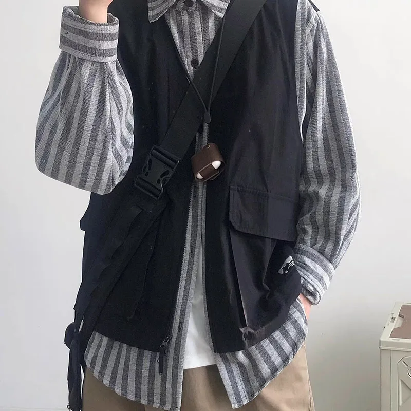 Spring Casual Sets Men Vintage Vest Patchwork Striped Shirts+Wide-legged Baggy Cargo Pants Fake Two Long-sleeved Tops Male Suit