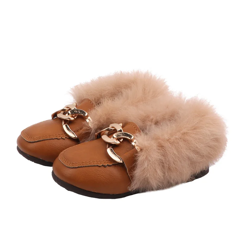 Warm Plush Fluffy Fur Girls Flats shoes Toddler Loafers With Metal Chains Comfortable Kids Shoe Children's Winter Cotton Shoes