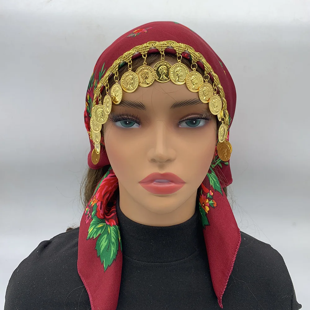 Russian Style Floral Print Gold Pieces Bandana Scarf Ethnic Headscarf Lady Headband Scarves Babushka Head Wraps image 6