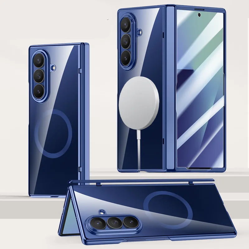 Glossy Plating Transparent Hard PC For Magsafe Case For Samsung Galaxy Z Fold 7 ZFold7 Hinge Cover HD Anti-Spy Glass Protector