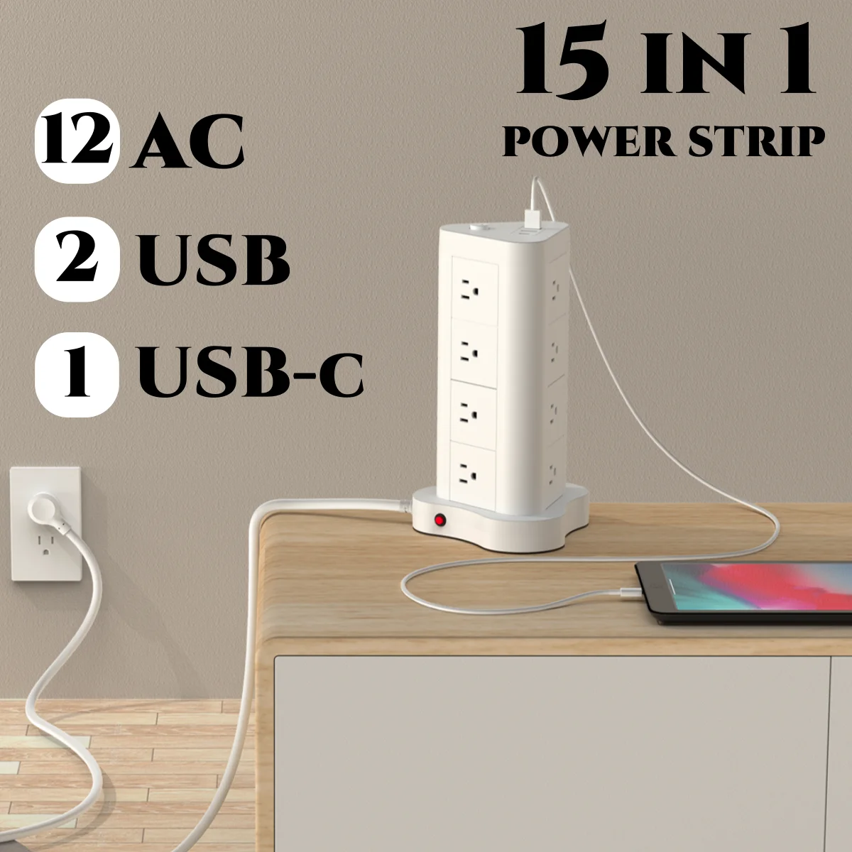 5 pies en forma de torre plana 45 ° Enchufe con puertos USB/USB-C, regleta de 12 enchufes de CA, regleta de protección contra sobretensiones con 2 USB y 1 EE. UU.