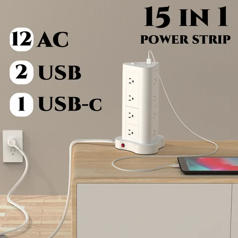5ft tower-shaped flat 45° plug with USB/USB-C ports, 12 AC sockets power strip, surge protection power strip with 2 USB and 1 US