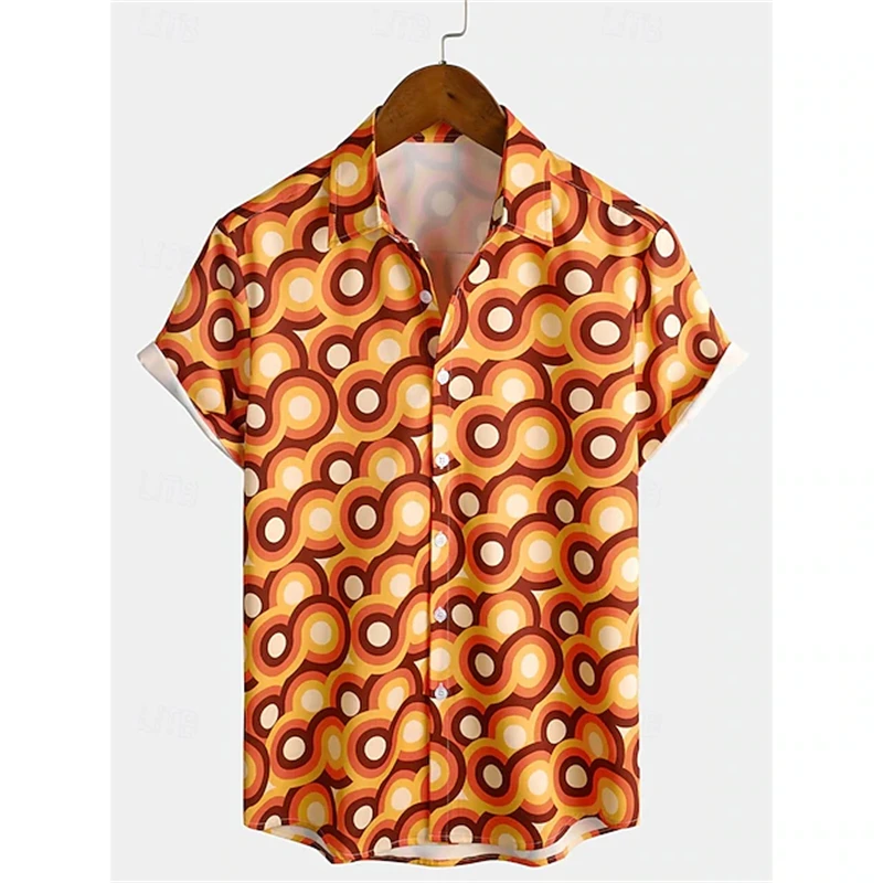 الرجعية الكلاسيكية 70s نمط طباعة قميص بأكمام قصيرة للرجال عارضة التلبيب زر قميص 3D المطبوعة البوليستر أزياء الشارع قميص