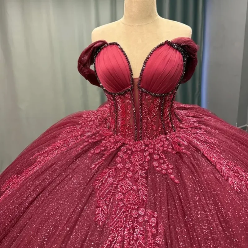 

Shiny Burgundy Quinceanera Dress Glitter Decal Lace Layered Ruffle off-shoulder Long tail Vestidos De 15 Quinceanera ﻿Customize