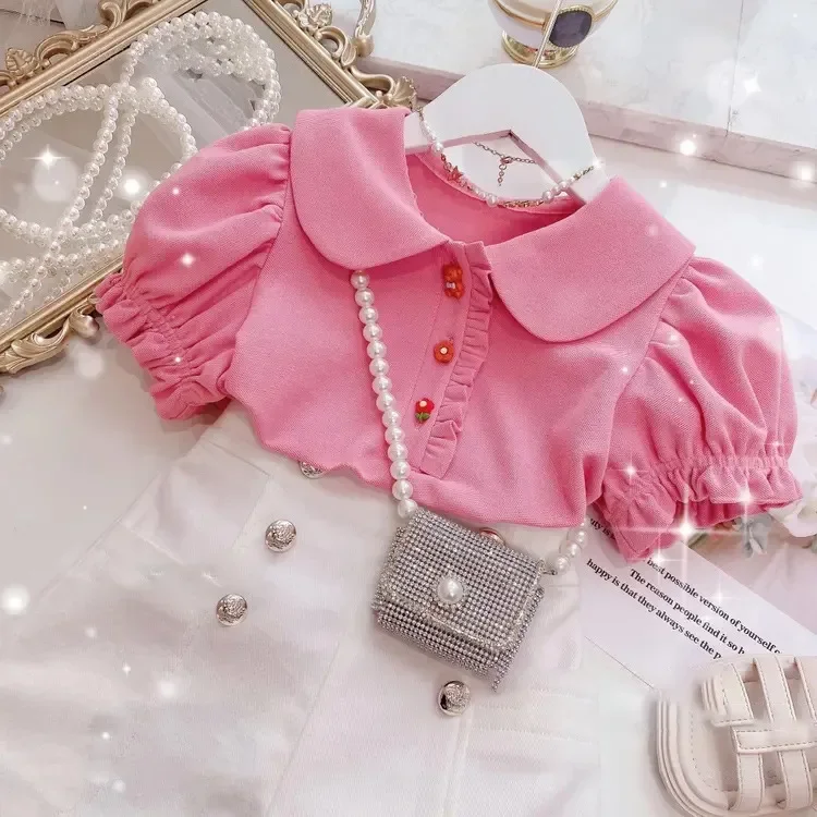 Children T-shirt Doll Collar Solid Turn Down Collar2023 Summer New Bubble Sleeve Top Korean Fashion Breathable Girls