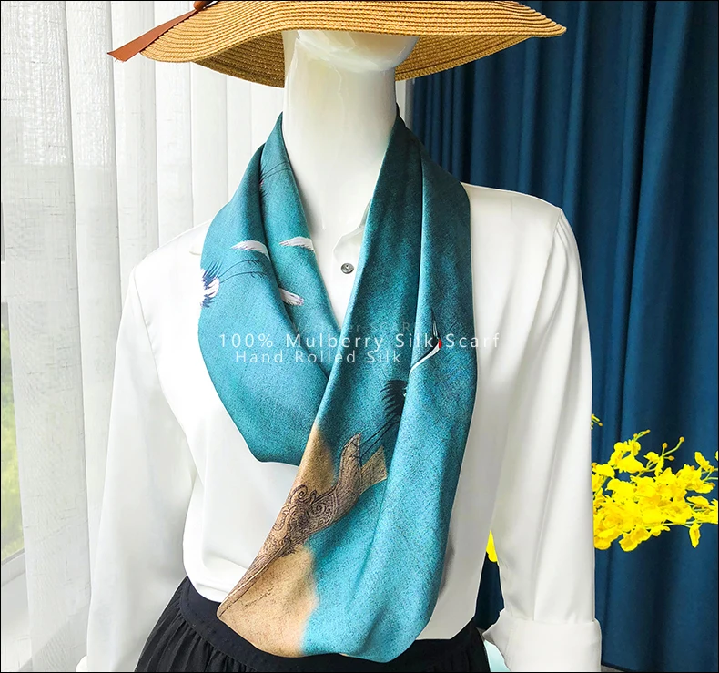 Vintage Pure Mulberry Scarf Wrap Shawls 110*110 Silk Square Scarf Large Hand Rolled Silk Scarf Foulard En Soie 110cm Scarfs