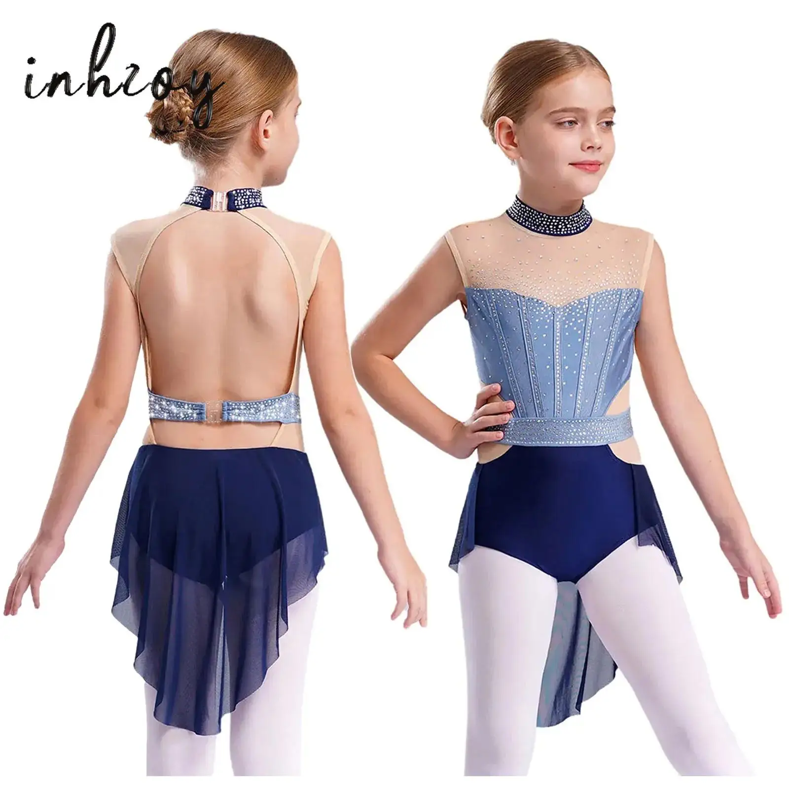 Kids Girls Lyrical Dance Performance Costume Sleeveless Rhinestone Ballet Gymnastic Leotard Figure Skating Competition Dancewear