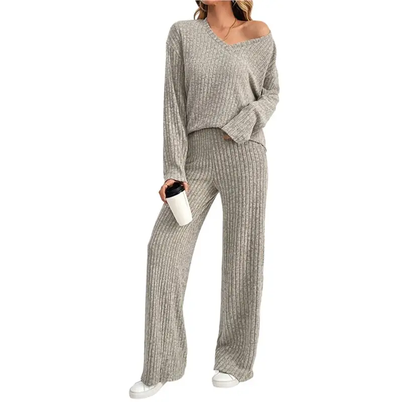 ชุดลำลองสองชิ้นสำหรับผู้หญิง ผ้าริบเนื้อนุ่ม สไตล์แฟชั่น สำหรับฤดูใบไม้ร่วง/ฤดูหนาว เหมาะสำหรับใส่ที่บ้าน