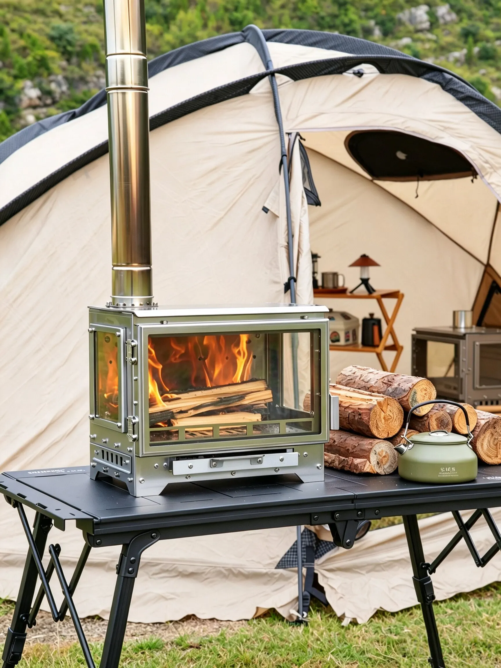 SmiloDon G1 Camping-Holzofen, 2026 Neuer 430 SUS Zeltheizer, 3-seitiges Glas, Sekundärverbrennung, 70/75mm Schornstein, Tragetasche – Detail 12