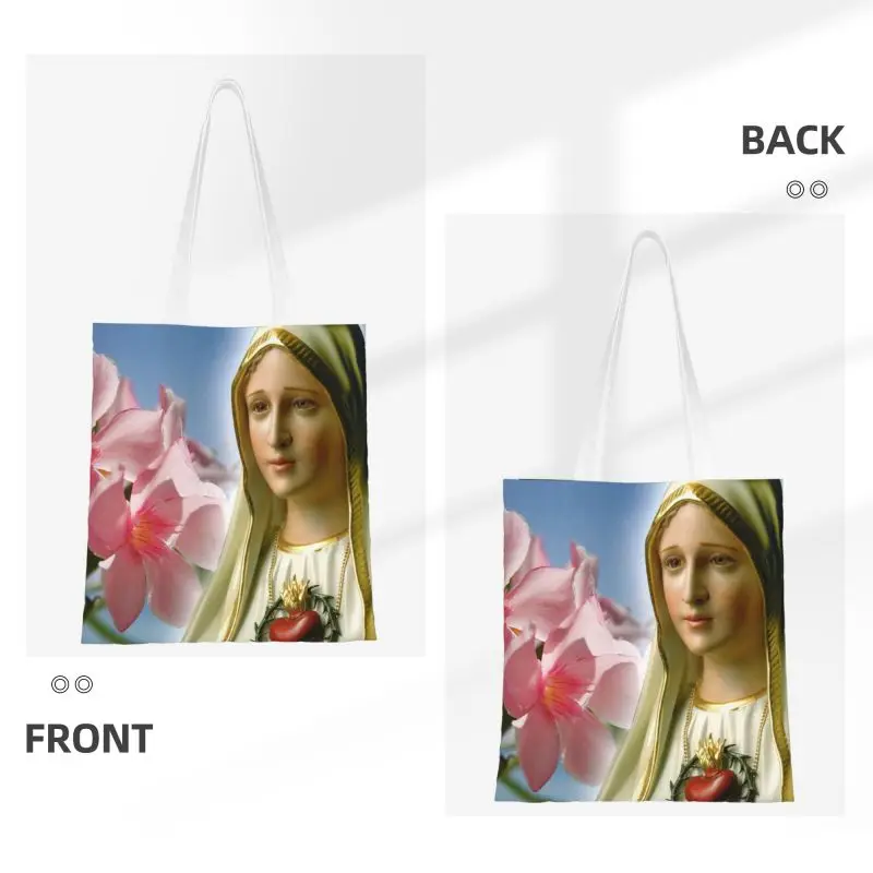 Custom Our Lady Of Fatima Canvas Shopping Bags Women Reusable Groceries Catholic Virgin Mary Shopper Tote Bags