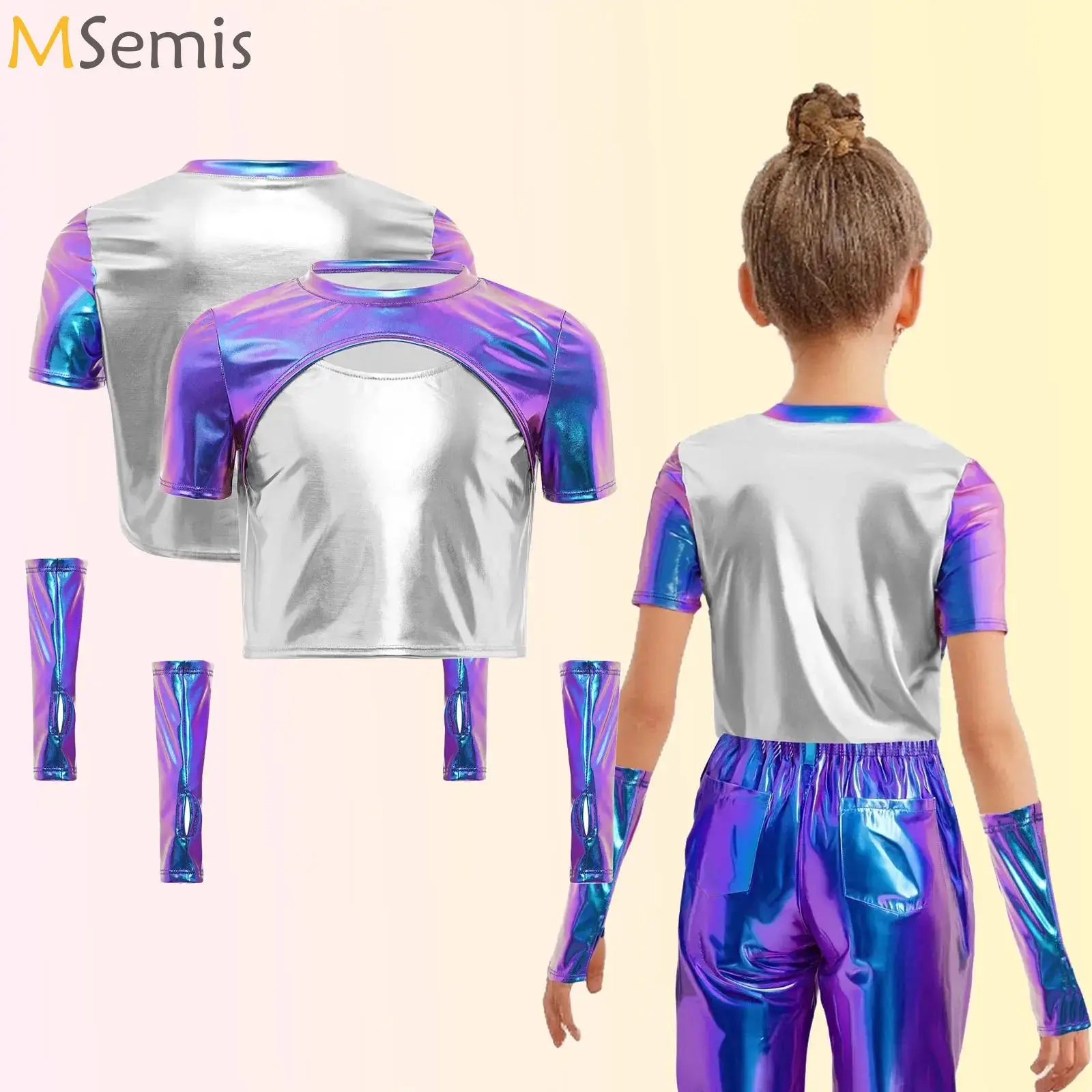 

Kids Girls Jazz Latin Dance Top Short Sleeve Cutout Front Color Block Metallic T Shirts with Gloves Children Stage Performance