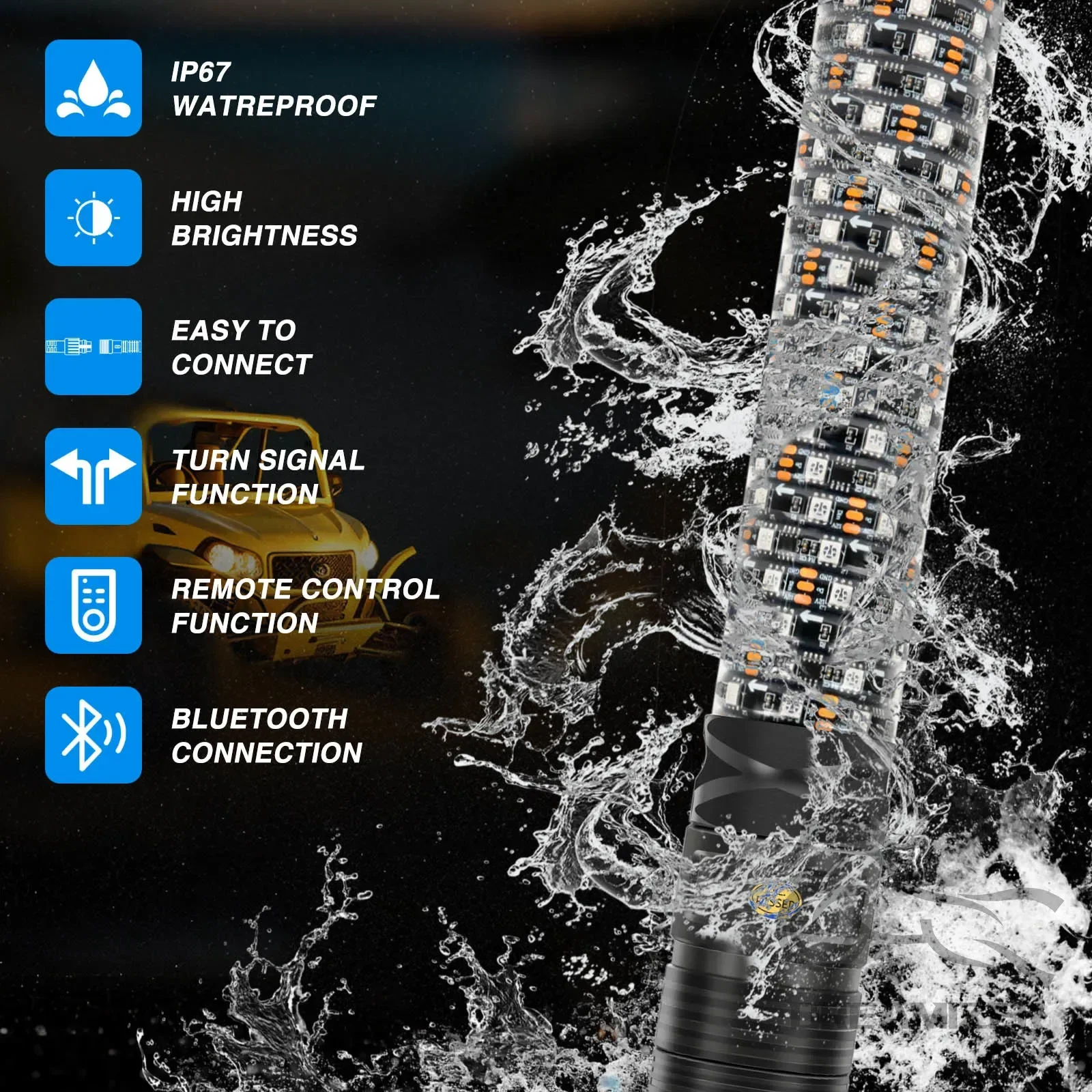 2 قطعة 3FT أضواء سوط الدهون مع التطبيق التحكم عن بعد LED مضاءة هوائي سوط مع وظيفة الفرامل دوامة RGB أضواء سوط سميكة