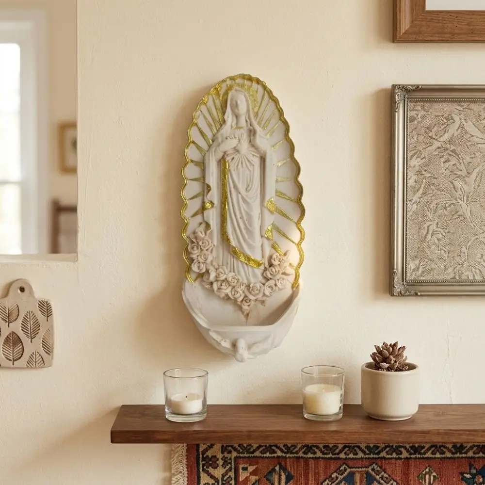 Religious Virgin Mary Holy Water Font Catholic Wall Mounted Mary Wall Hanging Font Resin Figurine Rose Carvings