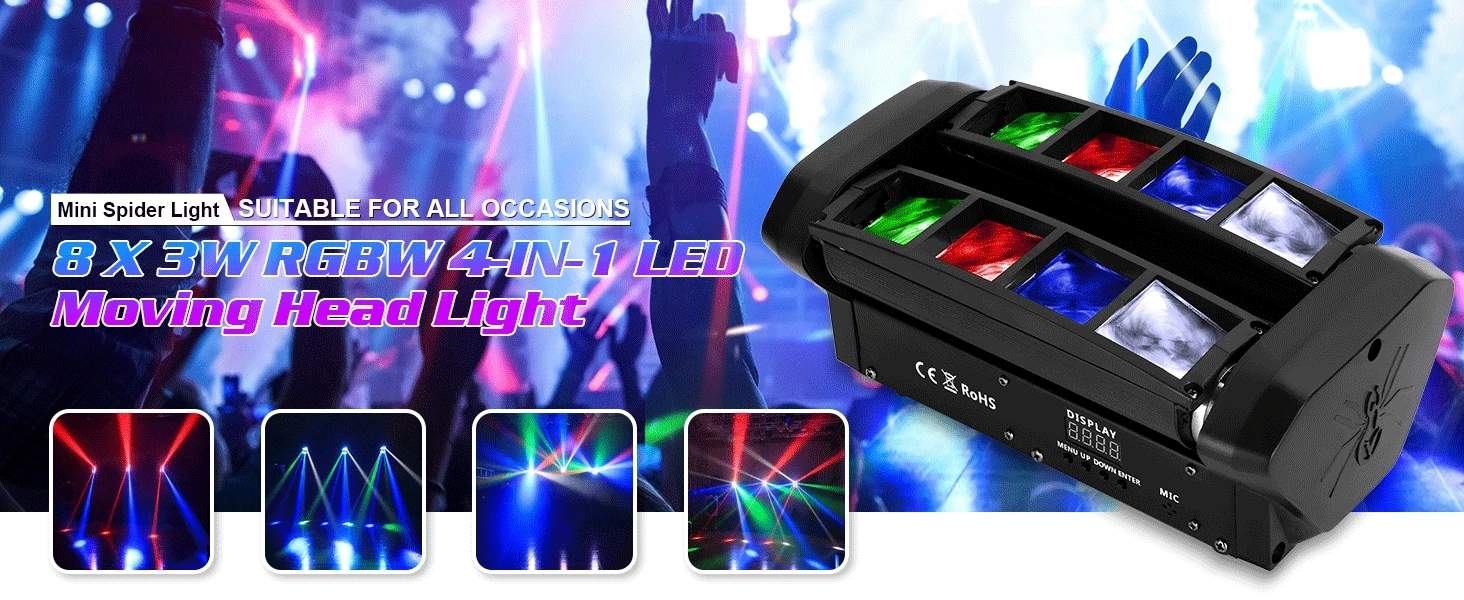 U'king führte 8x3w rgbw bewegliches Scheinwerfer licht 4 in1 LED Spinnen lichteffekt dmx512 Spinnens trahl Bühnen licht für DJ Nachtclub Party Disco – Detail 1