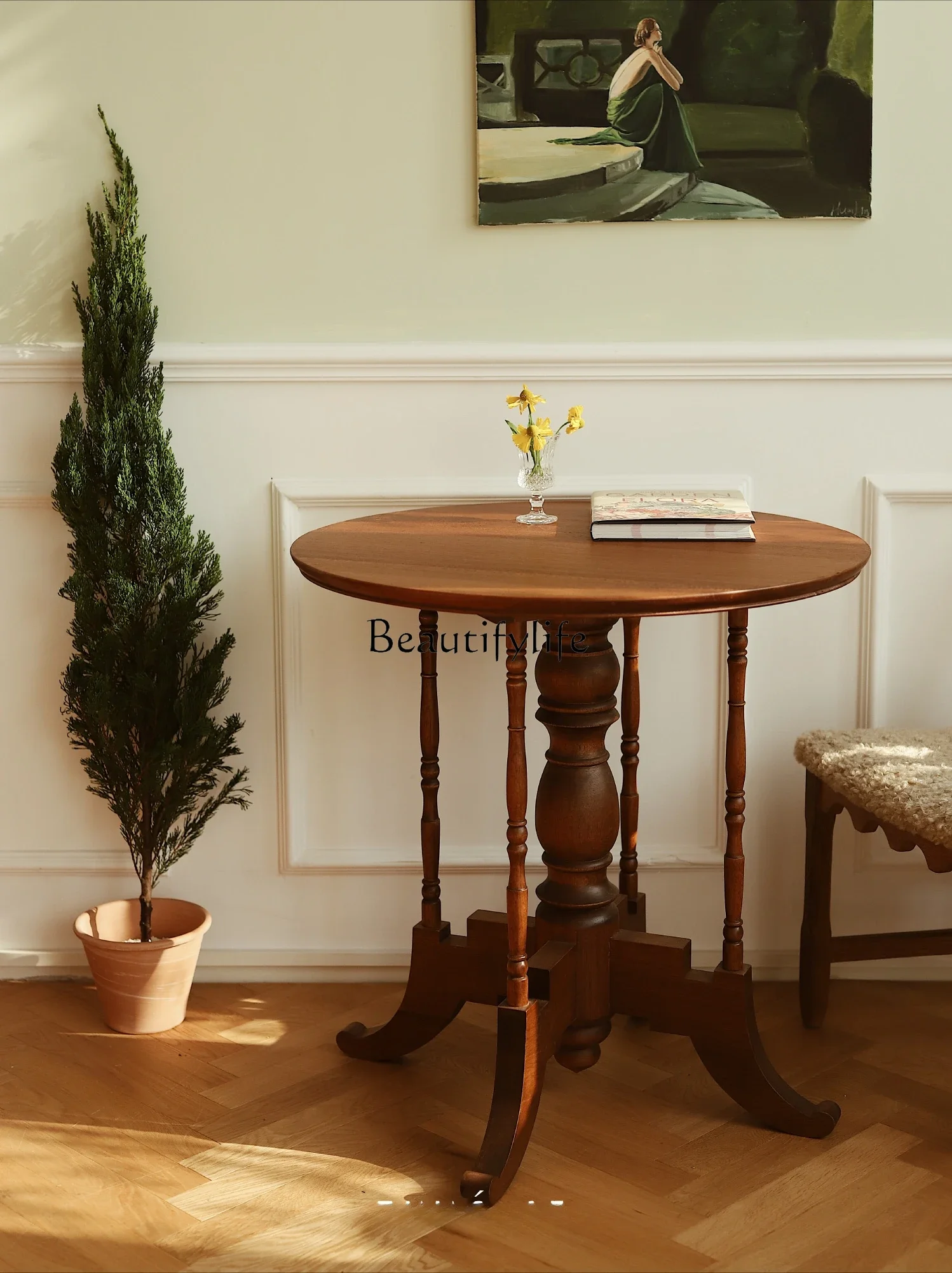 

French medieval style teak solid wood round dining table entrance table retro round old