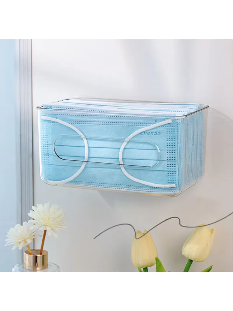 Storage Box Transparent Wall Mounted Tissue Box Large Capacity Disposable Mask Holder Free-punching for Home Office Entrance