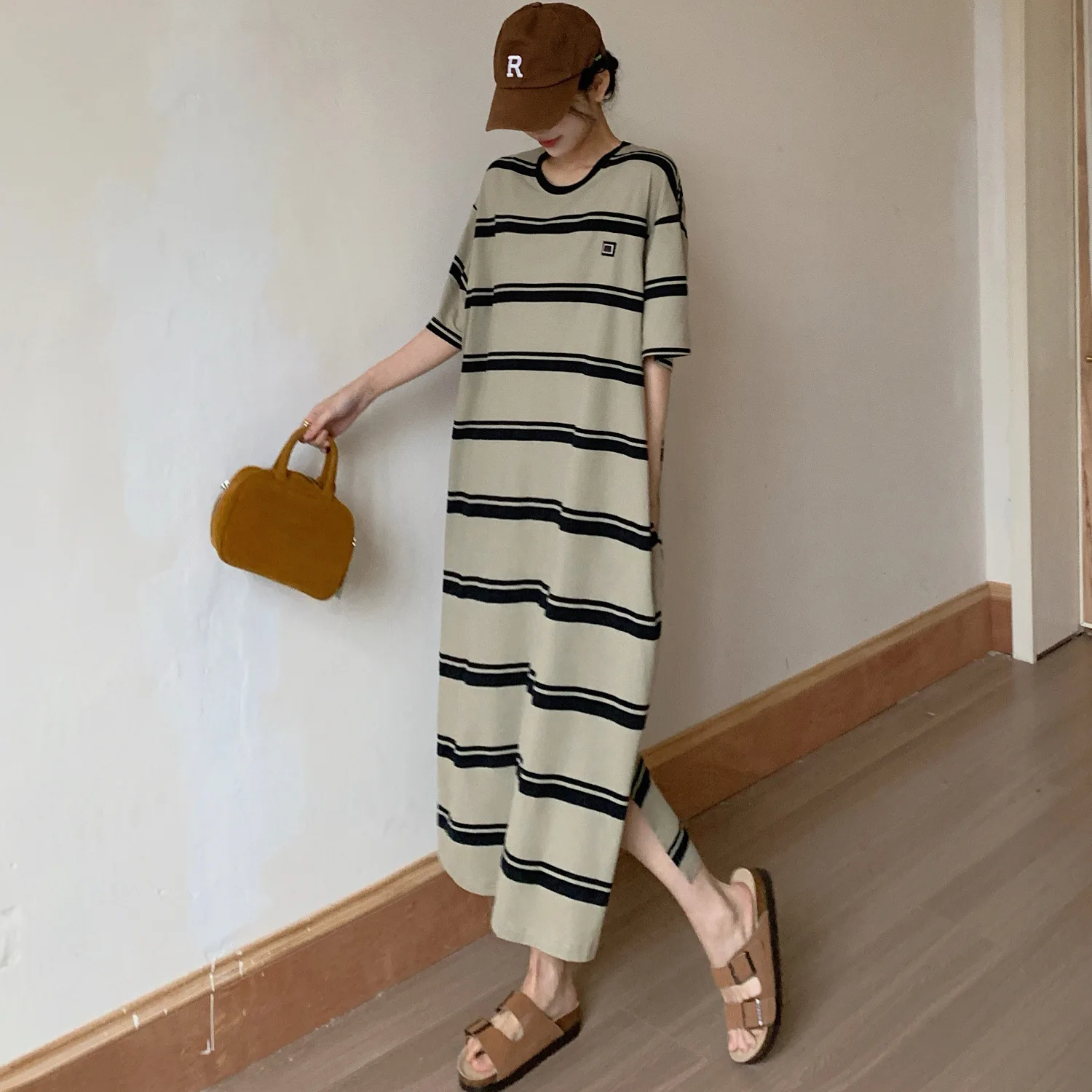 Plus Size Koreaanse Stijl Gestreept T-shirt Zomer Ronde Hals Losse Lange Jurk Gewaad met Korte Mouwen voor Vrouwen Jurk Vestidos