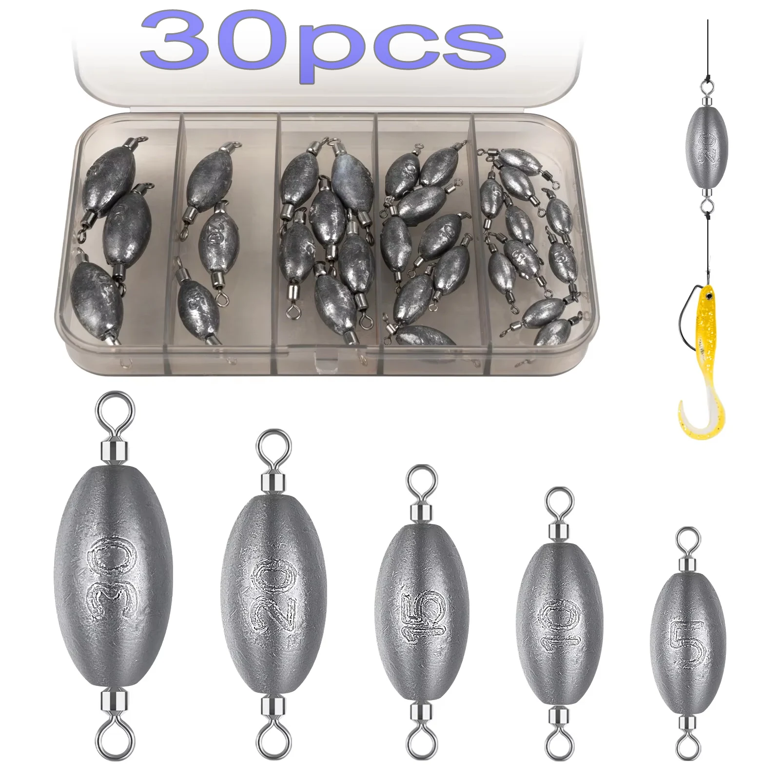 

30 шт., набор грузил Texas Rig Carolina Rigs, 5 г, 10 г, 15 г, 20 г, 30 г, вес свинца для рыбалки, 360 г ° Вращающиеся вертлюги Рыболовные поводки Грузило