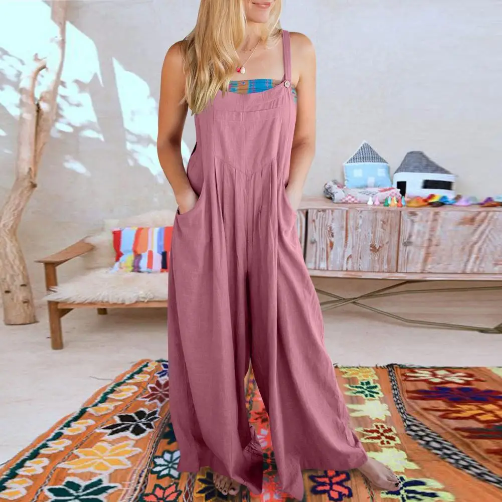 

Summer Spaghetti Straps Overalls Vintage Sleeveless Long Pants Jumpsuit Wide Leg Playsuit Women Pocket Beach Straight Jumpsuits