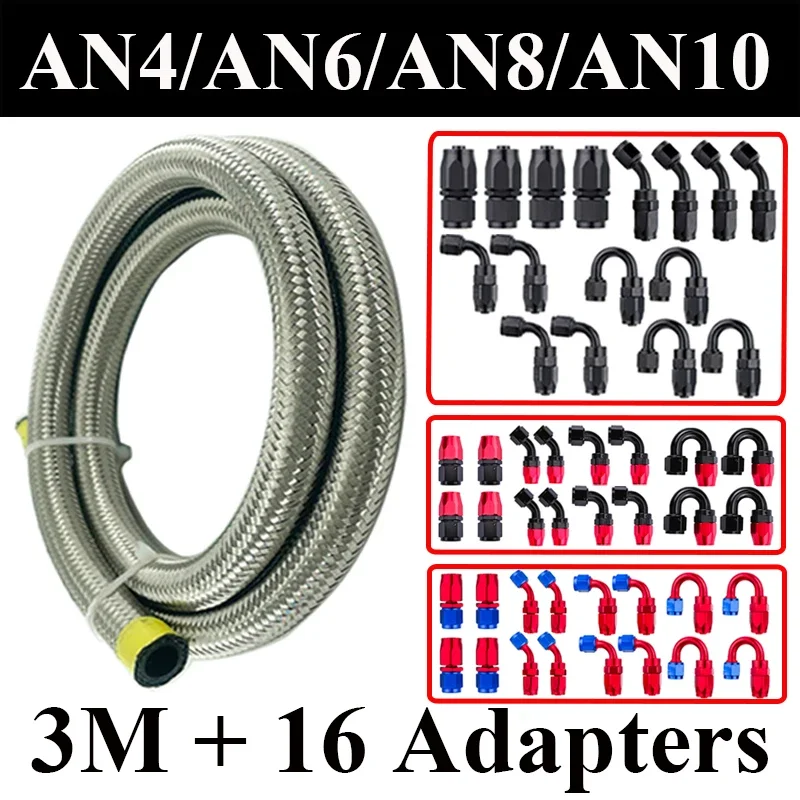 

3M AN4 AN6 AN8 Fuel Hose Oil Gas Cooler Hose Line Pipe Tube Stainless Steel CPE Rubber 4x0 4x45 4x90 4x180 Degree End Fittings