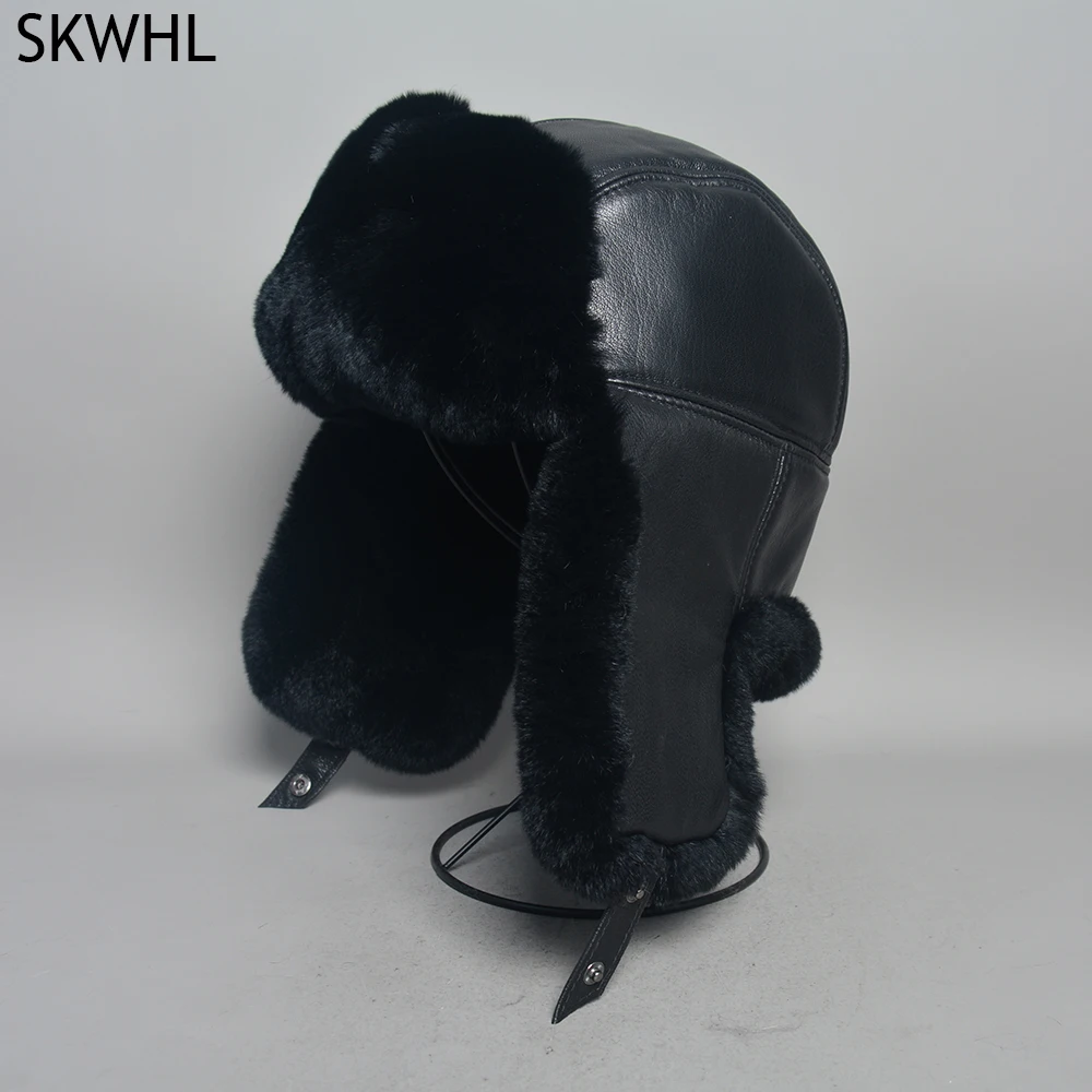 

New Unisex Real Rex Rabbit Fur Bomber Hat Ushanka Cap Trapper Russian Men Women Ski Hats Caps Real Sheepskin Leather Winter Warm