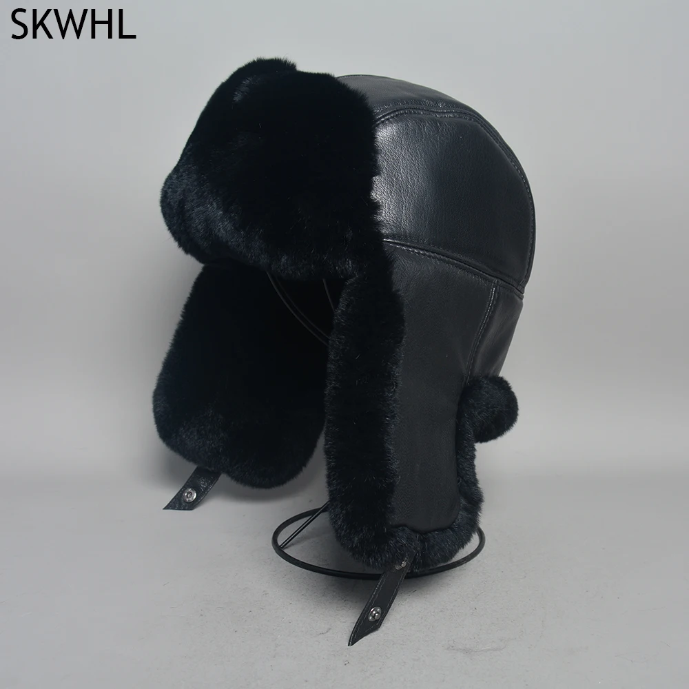 New Unisex Real Rex Rabbit Fur Bomber Hat Ushanka Cap Trapper Russian Men Women Ski Hats Caps Real Sheepskin Leather Winter Warm