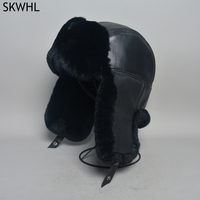 New Unisex Real Rex Rabbit Fur Bomber Hat Ushanka Cap Trapper Russian Men Women Ski Hats Caps Real Sheepskin Leather Winter Warm