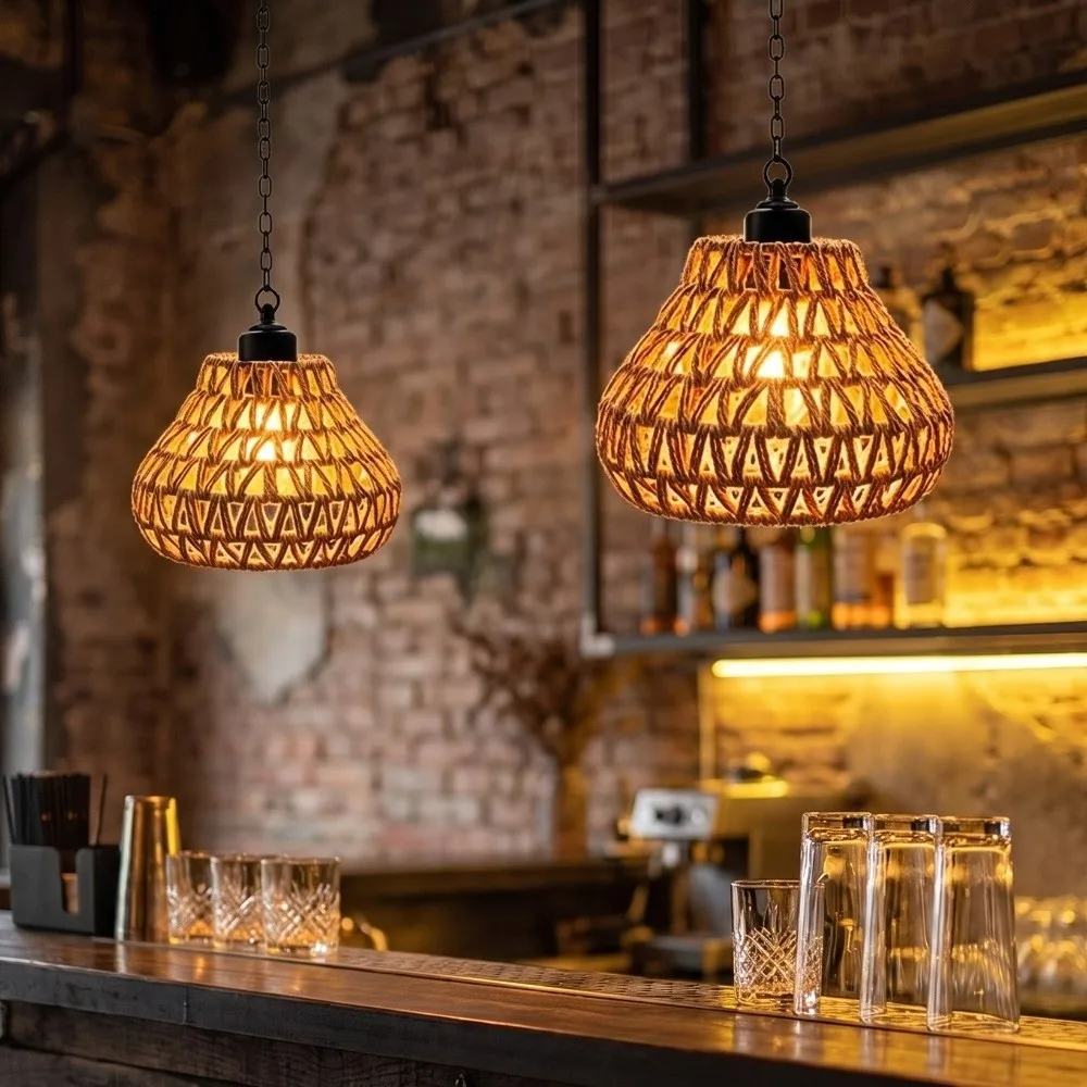 Long Iron Chain Rattan Hanging Lights Brightness Adjustment Pation Decor Rechargeable Pendant Light Hand Craft