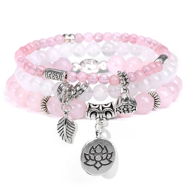 Lotus Charm Bracelet Set 3 Pcs/Set Natural Pink Quartzs Stone 4 6 8mm Beads Bracelets For Women Men Leaf Pendant Bangles Jewelry