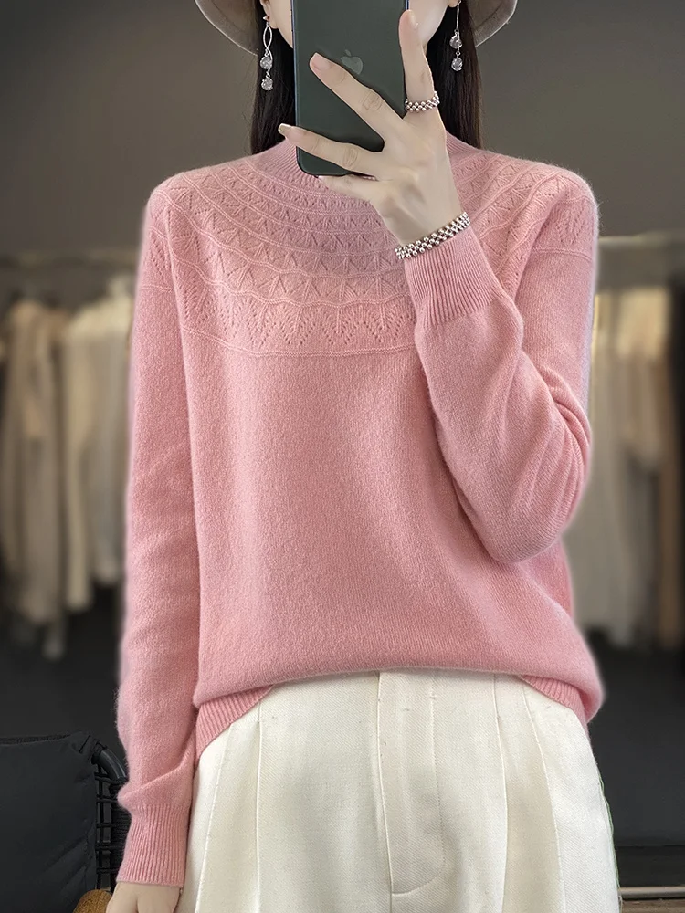 

Casual Hollow Out Pullover Sweater Solid Warm Soft Mock Neck 100% Merino Wool Women's Autumn Winter Comfort Knitted Clothing Top