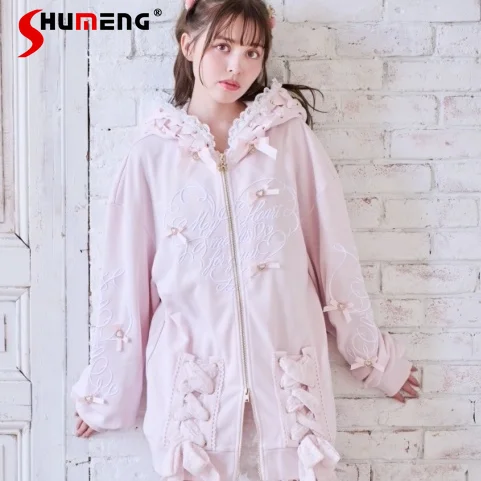 

Japanese Liz Mass-Produced Sweet Zip Cardigan Jacket Autumn New Girl's Women's Loose Slim Cute Bow Embroidered Hooded Sweatshirt
