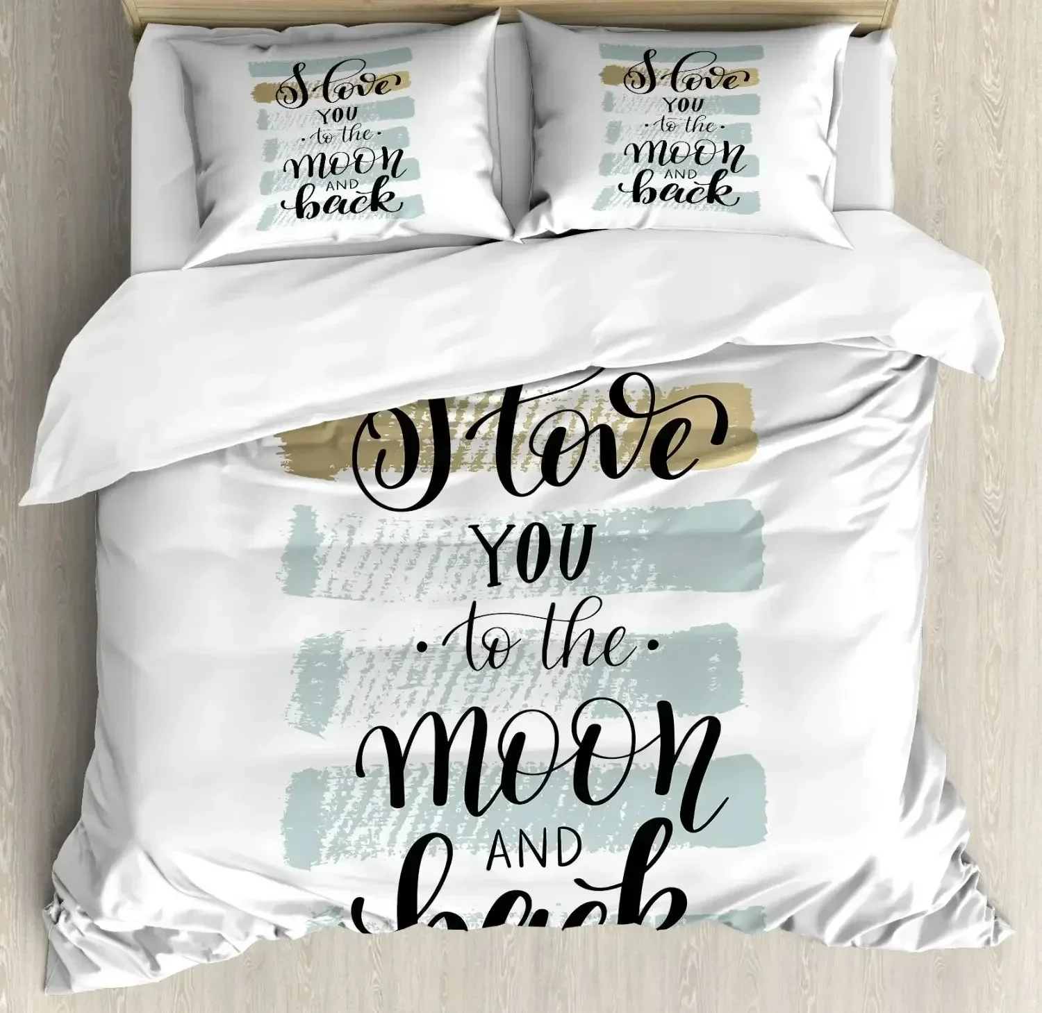 3D Print I Love You Duvet Cover Hand Drawn Moon and Back Words with Stars Celebration King Size Polyester Bedding Set