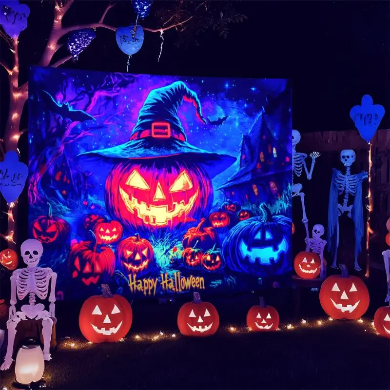 VIKAMA Neon Pumpkin Witch Hat Halloween Christmas Tapestry Purple Blue Glow Jack O Lantern Haunted House Skeleton Bat UV Soft