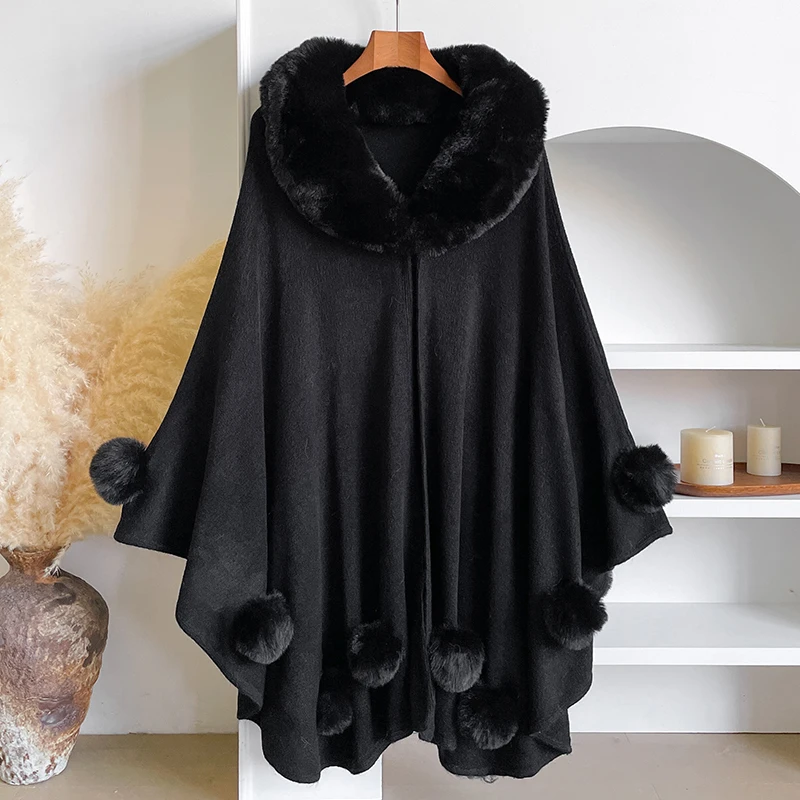 

Зимняя новая утолщенная женская накидка из норковой шерсти с полной отделкой из искусственного меха - свободный флисовый плащ с капюшоном для праздничного платья, теплые накидки
