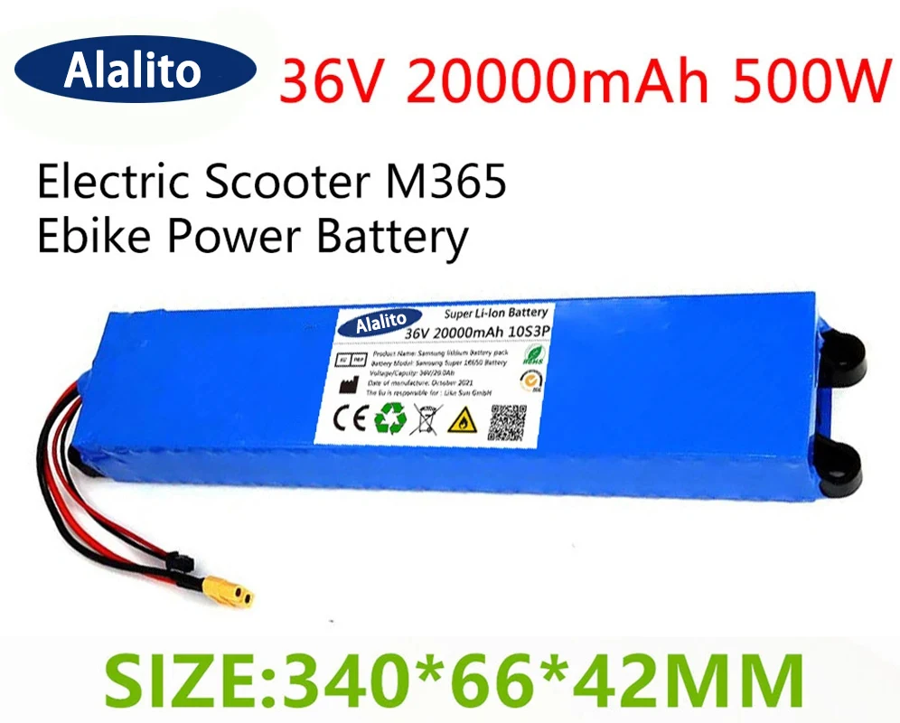 2024 36V 20Ah 18650 Lithium Battery Pack 10S3P 20000mah 500W Same Port 42V for M365 Power Battery with BMS